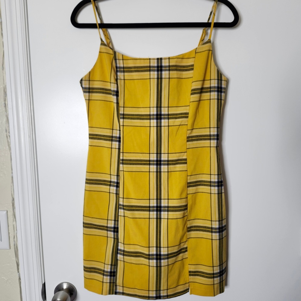 Forever 21 Yellow Plaid Mini Dress Medium 90s Bodycon Spaghetti Strap Clueless